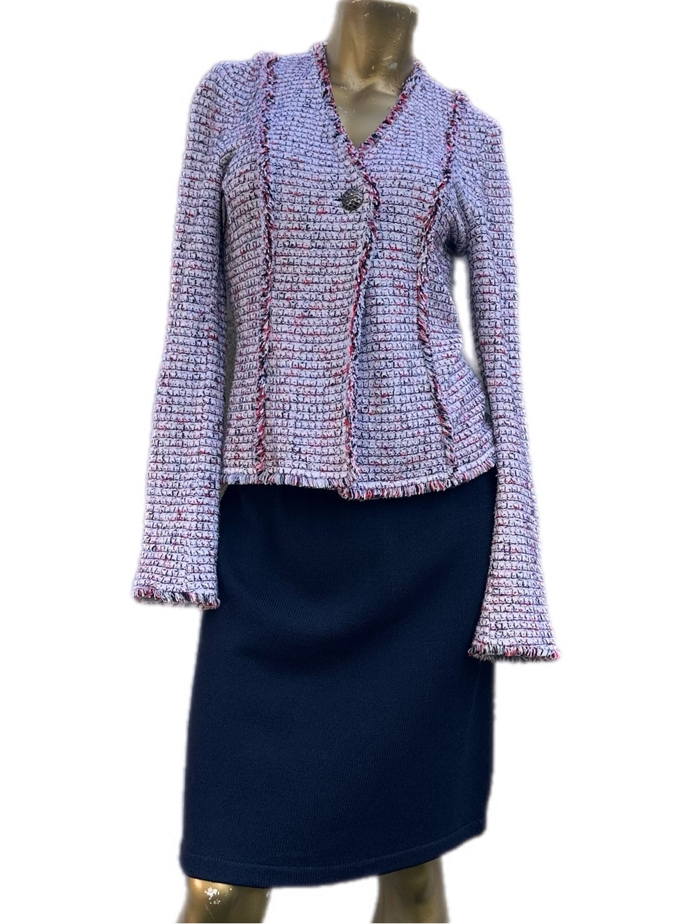 St. John Textured Knit Fringe Trim Jacket White Red Blue Novelty Weave Blazer - Picture 2 of 11